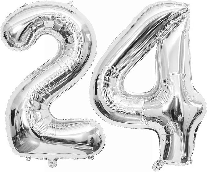 Silver 24 Number Balloons, 40 Inch Giant Number 24 Balloons Foil Mylar Helium by Lovoir