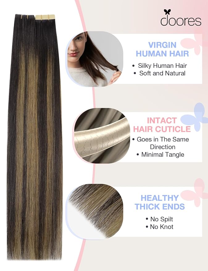 DOORES Invisible Tape in Hair Extensions Real Human Hair Invisi Edge, Dark Brown to Chestnut Brown 10 Injection Tape-ins with 10 Classic Tape-ins 50g 22 Inch, Virgin Human Tape in
