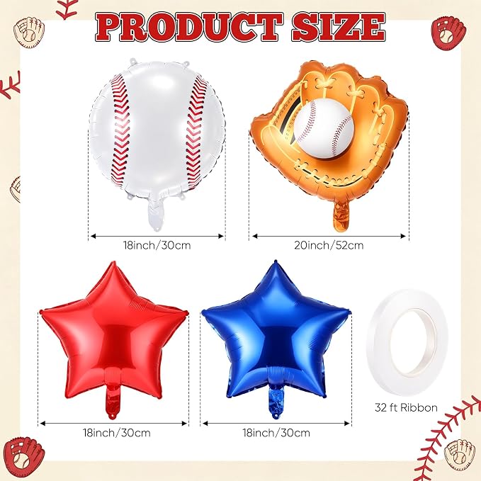 Jenaai Number 9 Baseball Balloons White Red and Blue Baseball Glove Balloons - Image 3