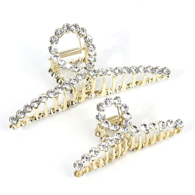 2Pcs Gold Rhinestone Hair Claw Clips, Large Metal Hair Claw Clips for Thick Hair, Strong Hold Non Slip Gold Claw Clips & Rhinestone Hair Claw Clip for Women, Hair Accessories for Women Girls