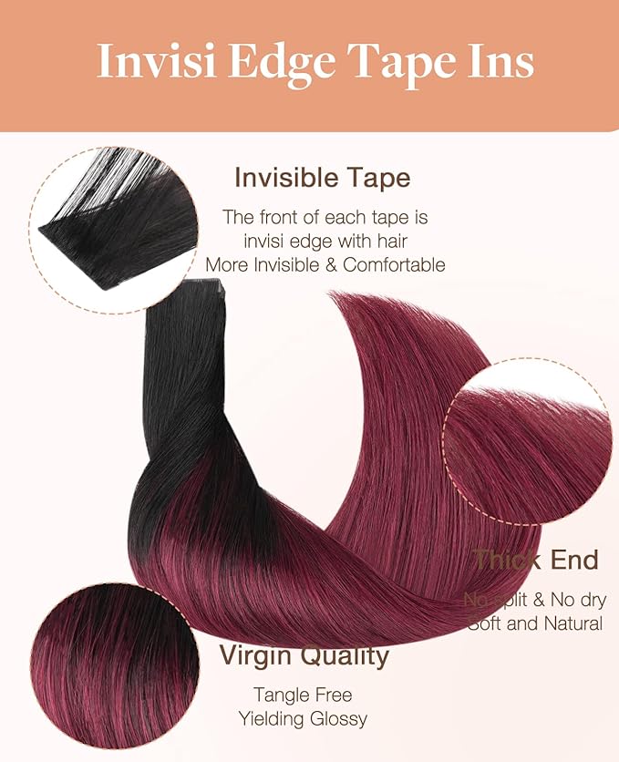 GOO GOO Invisi Edge Tape in Hair Extensions Human Hair, 1/99 Balayage Jet Black to Red 10pcs injected with 10pcs classical tape ins, 22inch 50g, Virgin Remy Hair, Natural Look