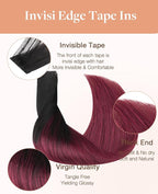 GOO GOO Invisi Edge Tape in Hair Extensions Human Hair, 1/99 Balayage Jet Black to Red 10pcs injected with 10pcs classical tape ins, 14inch 50g, Virgin Remy Hair, Natural Look