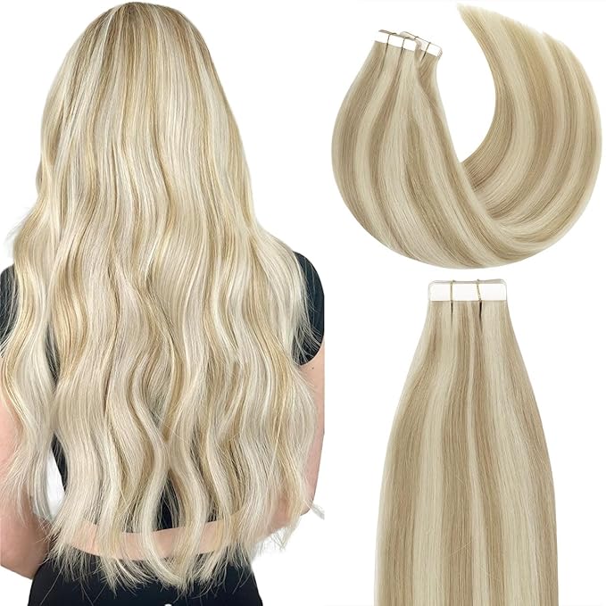 Lacer Tape in Hair Extensions Human Hair Highlight Ash Blonde to Light Blonde Color Seamless PU Skin Weft 100% Real Virgin Hair Double Side Tape in Extensions 50g 20pcs/set 14 Inch