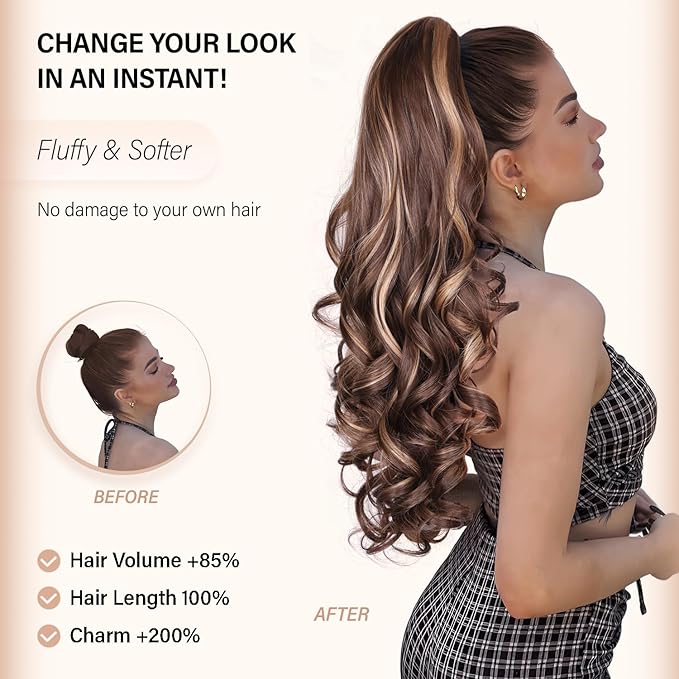Dark Brown Ponytail Extension, 24 Inch Claw Clip ponytail extension, Soft Curly Clip on Ponytails for Women, Natural Synthetic Layered Pony Tails Hair Extensions (Color: Dark Brown)