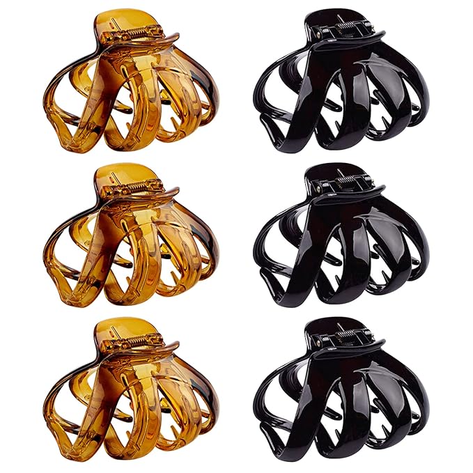 Large Octopus Hair Clips for Thick and All Hair Types, 3.2" Strong Hold Jumbo Hair Jaw Clips for Women and Girls, 6 Packs (Black & Brown)