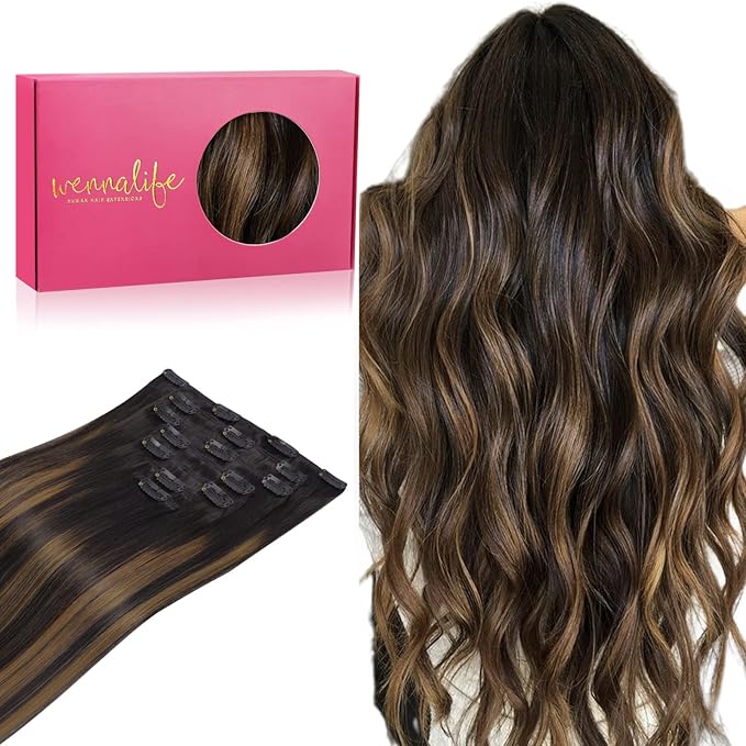 WENNALIFE Clip in Human Hair Extensions, 16 Inch 120g 7pcs Natural Black to Chestnut Brown Balayage Hair Extensions Clip In Human Hair Remy Clip in Hair Extensions Real Human Hair Double Weft