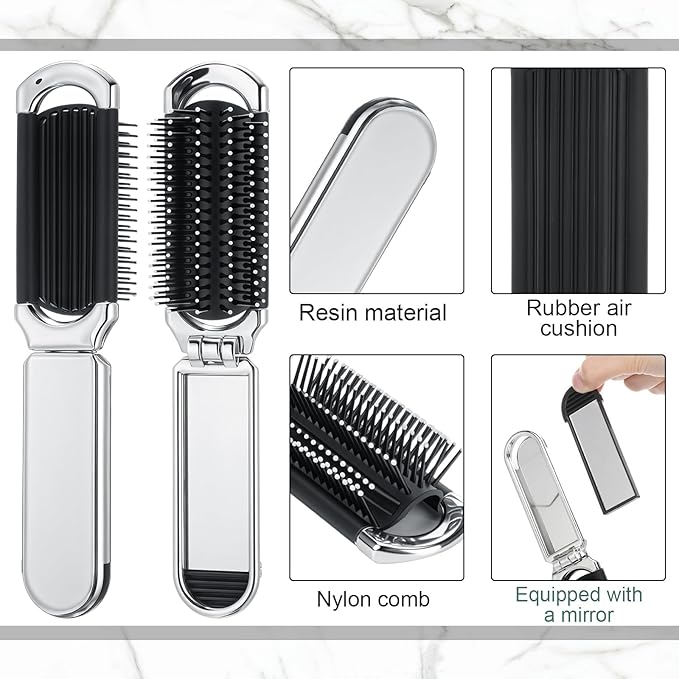 Nuenen 4 Pcs Folding Hair Brush with Mirror Portable Mini Hair Brush Small Compact Pocket Comb for Family Travel Car Gym Wig Bag Purse Gift Women (Silver)