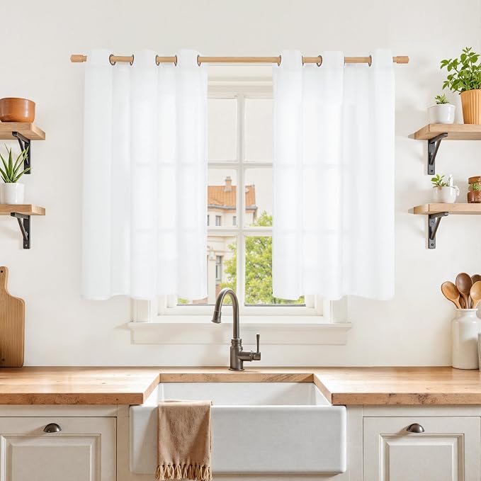 YoungsTex 40 Inches Long White Linen Curtains, Short Drapes by YoungsTex