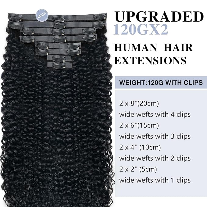 Curly Clip in Hair Extensions Real Human Hair 2 Pack 240g Seamless Clip in Hair Extensions for Women Full Max with 16Pcs PU Skin Weft 20inch Natural Black