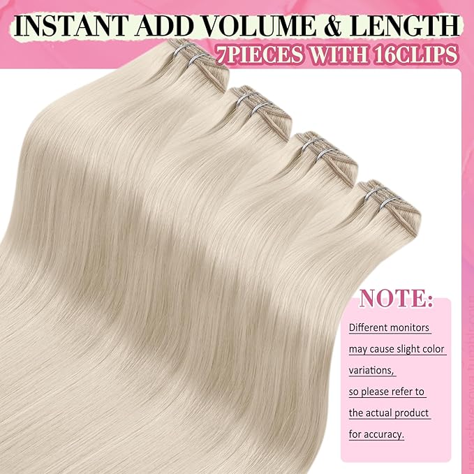 YoungSee Clip in Hair Extensions Blonde Real Human Hair Clip in Extensions Platinum Blonde Hair Extension Clip ins Full Head 20 Inch 120G 7Pcs Add Length