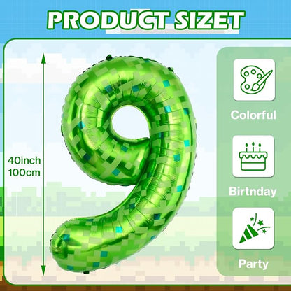 40 Inch Giant Green Pixel Miner Theme Number Balloons 40 Inch Foil Party - Image 2