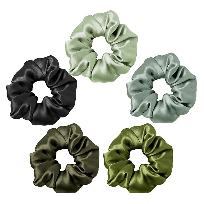 LILYSILK Silk Hair Scrunchies Ties for Frizz & Breakage Prevention 100% Mulberry Elastic Ponytail Holder 5PC (pale green+olive+dark green+avocado+black)