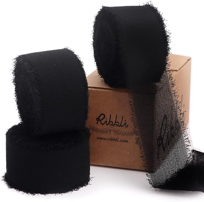 Ribbli Black Ribbon 1 Inch x 3 Rolls Total 24 Yards Handmade Fringe Chiffon by Ribbli