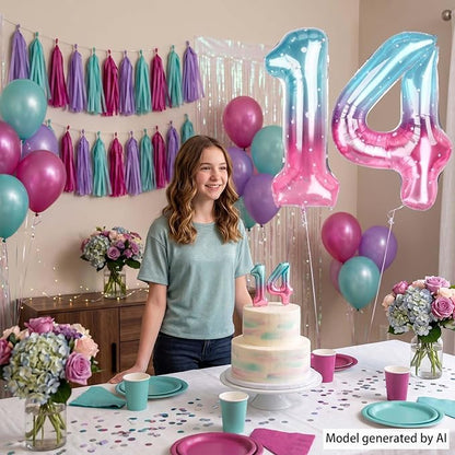 40 Inch Blue Pink Number 14 Balloon, Ombre Foil 14th Birthday Decorations | - Image 7