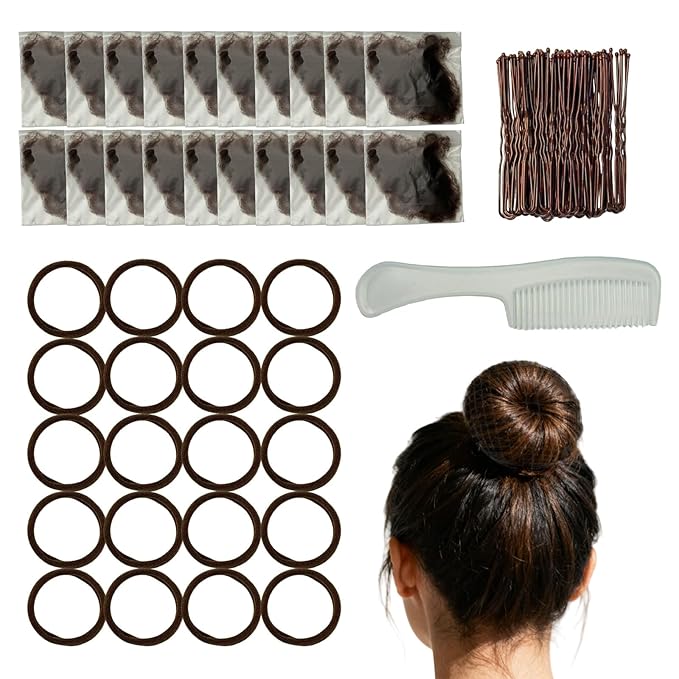 Invisible Hair Nets 50cm with 20Pcs,50Pcs U Shaped Bobby Pins,20Pcs Hair Ties and a Comb Styling Accessories Set,50cm for Ballet Bun,Wig,Food Service,Cabin Attendant, for Women and Girls(Brown)
