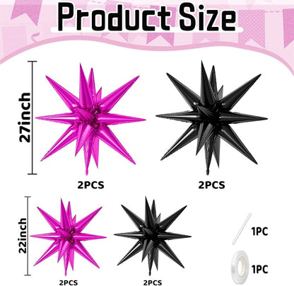 22/27 Inch Black Hot Pink Star Balloons, Cone Spike Balloon, Aluminum Foil - Image 2