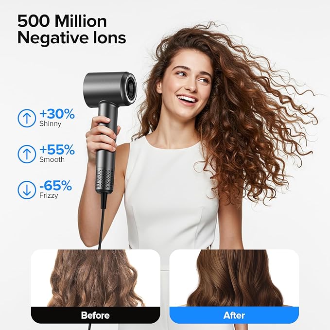 Hair Dryer, 150000 RPM Brushless Motor with 500M Negative Ions, Fast-Dry Lightweight Design, ThermoControl & Magnetic Nozzle/Diffuser, Low Noise Salon Blow Dryer for All Hair, Travel, Home
