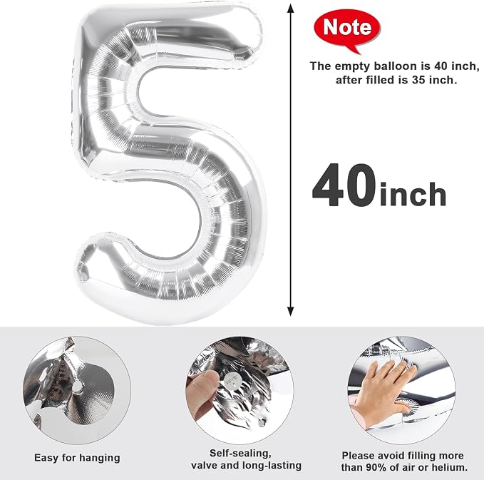 Large Number Balloons 40 Inch Silver 5 Balloon - Image 7