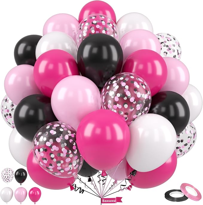 Pink and Black Balloons, 12 Inch Pink Black Balloons, Hot Pink White Pastel by Saxuxu