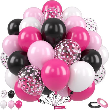 Pink and Black Balloons, 12 Inch Pink Black Balloons, Hot Pink White Pastel by Saxuxu