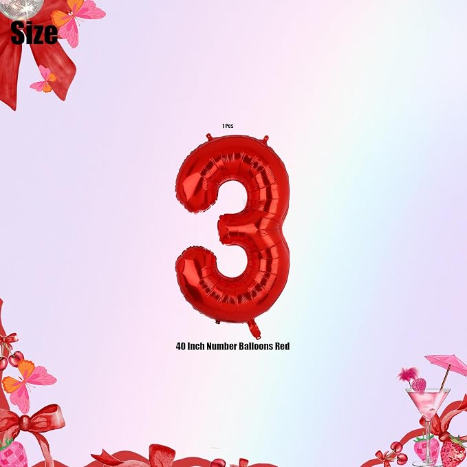 40 Inch 3 Red Number Balloons Mylar Foil Balloons 3rd Birthday Party Decor | - Image 2