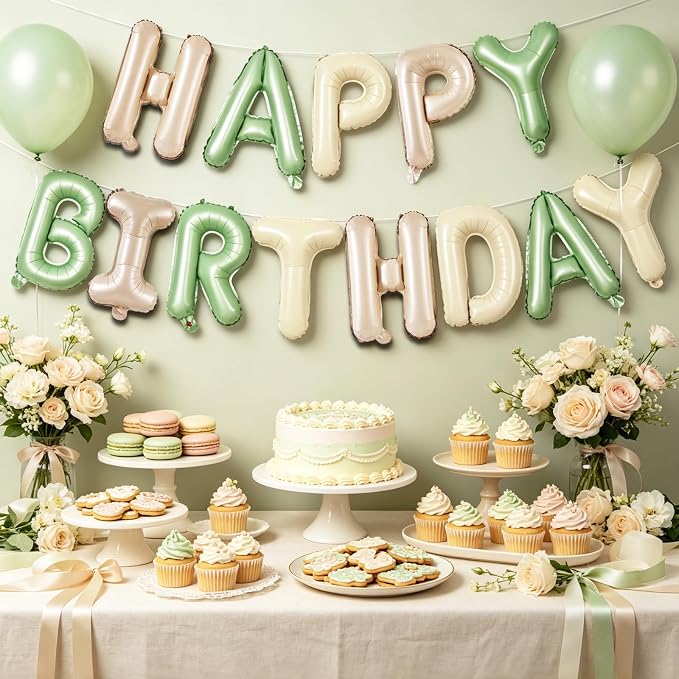 TONIFUL 16 Inch Apricot Sage Green Cream White Happy Birthday Foil Balloons | - Image 3