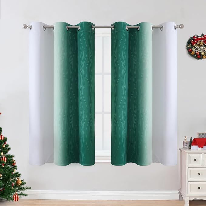 Green and Greyish White Ombre Blackout Curtains 45 Inch Length 2 Panels - Image 2