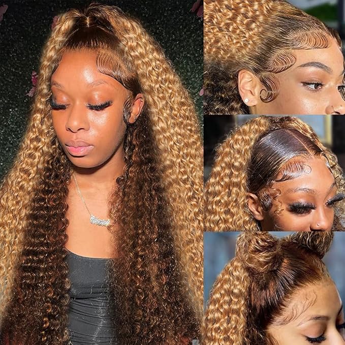 AMIRTY 360 Honey Blonde Water Wave Wig Human Hair 4/27 Highlight Curly Wig Pre Plucked Ombre Lace Front Wig Human Hair Drawstring Wig Human Hair Deep Wave Lace Front Wig Colored Wigs 24Inch