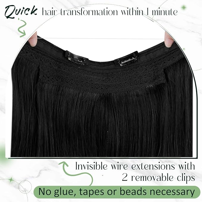 RUANTURE Invisible Wire Hair Extensions Real Human Hair, Wire Hair Extensions Black 16 Inch 80g One Piece, Natural Blend, Suitable for Daily Wearing #1 Jet Black