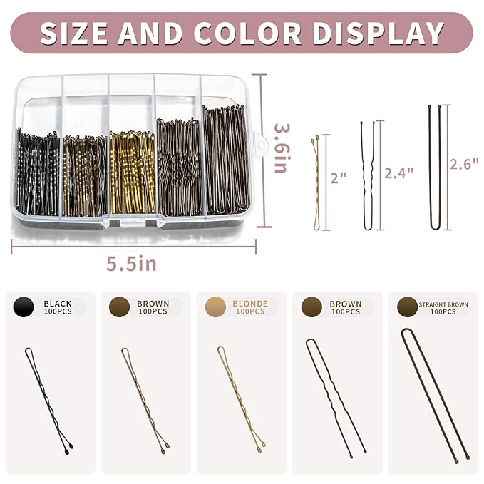 Bobby Pins and Hair Pins Combo Box 500PCS, Big Quantity Hair Pins Kit Black Brown Gold Bobby Pins and U Shape Brown for Styling Hair with Storage Box 2" / 2.4" / 2.6” for Women