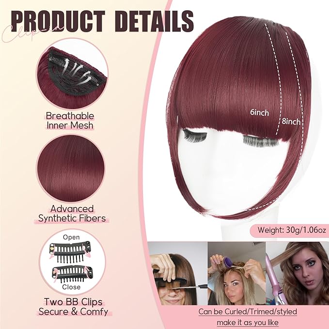 Clip in Bangs, Synthetic French Bangs Hair Clip, Wine Red Fake Bangs Fringe with Temples Hairpieces for Women Natural Curved Hair Extensions for Daily Wear