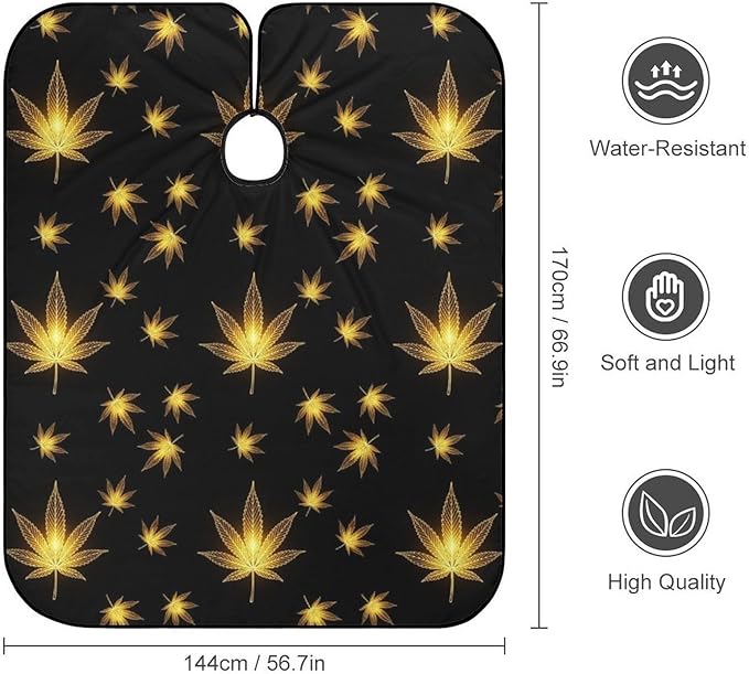 Women Cool Gold Golden Weedleaf Leaves Black Haircut Barber Cape Cover, Extra Large Hairdressing Apron for Home Stylists, Easy Clean