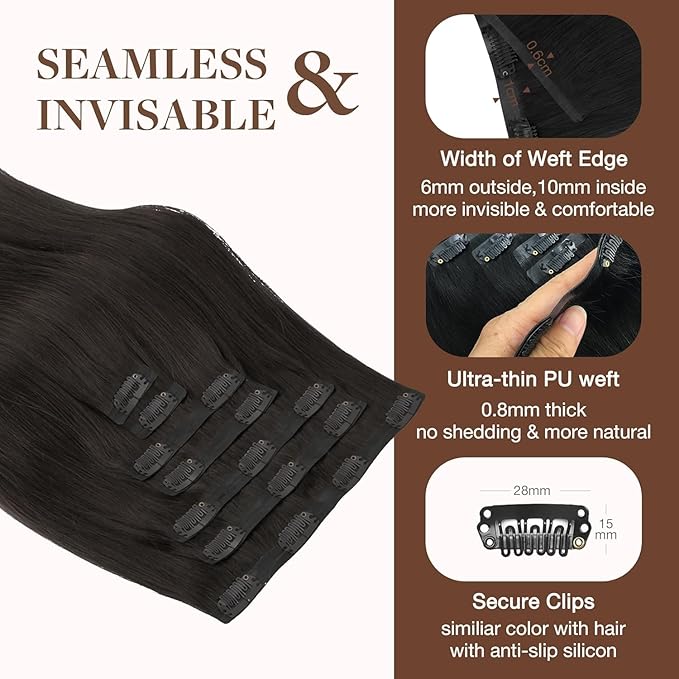 GOO GOO Clip in Hair Extensions Real Human Hair, Remy Human Hair Extensions Clip ins for Women, Natural Human Hair, 22 Inch 140g 7Pcs, 2 Dark Brown
