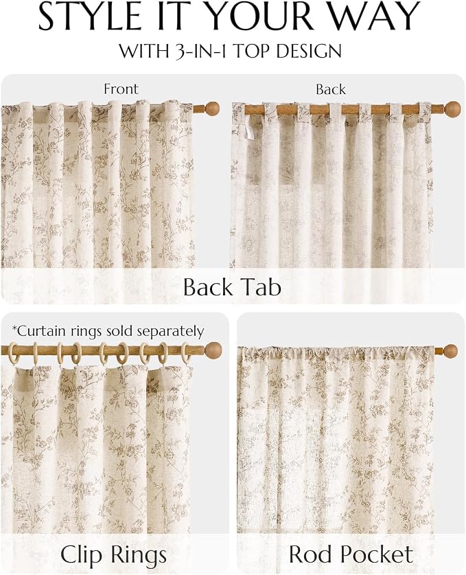 jinchan Taupe Floral Linen Curtains 90 Inch Farmhouse Back Tab 2 Panels | - Image 8