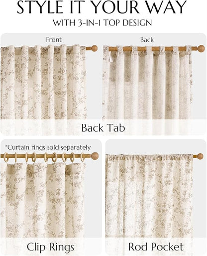jinchan Taupe Floral Linen Curtains 63 Inch Farmhouse Back Tab 2 Panels | - Image 8