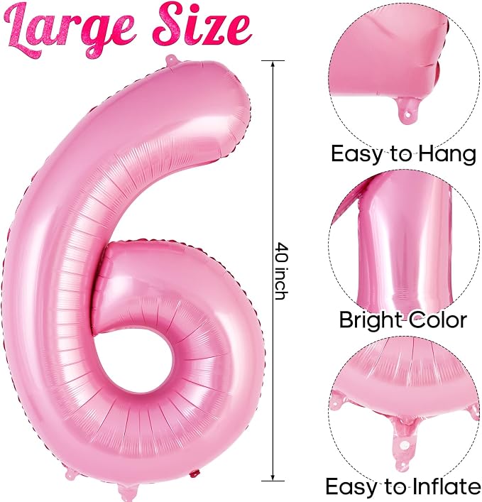 Pink Number 6 Balloon 40 Inch, Big Large Foil Helium Number Balloons, Jumbo - Image 3