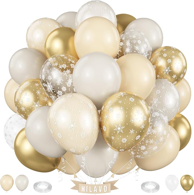 Beige Gold Snowflake Balloons Cream White Sand Gold Metallic Balloons Neutral by HILAVO