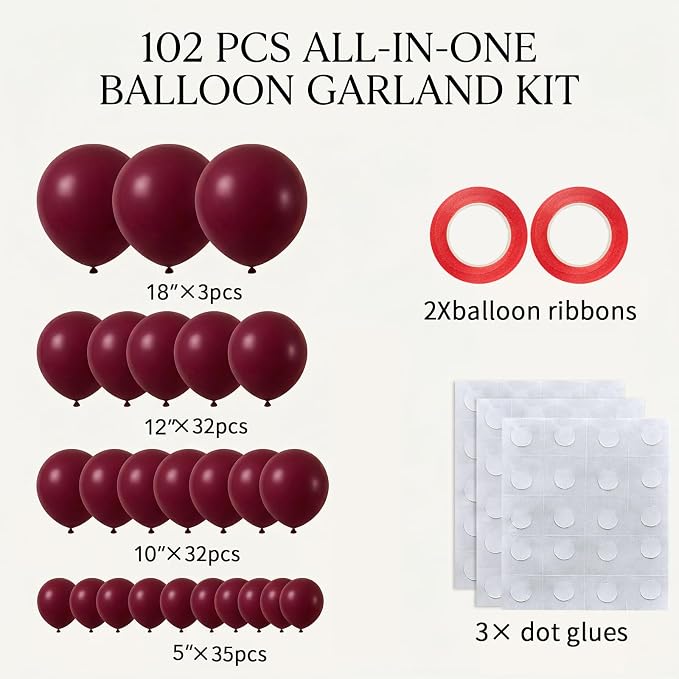 102pcs Burgundy Balloons Garland Arch Kit, 18 12 10 5 Inch Balloons | Balloons - Image 2