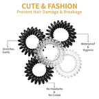 16Pcs Spiral Hair Ties, (Glossy Black&Clear White) Hair Elastic Coils for Women and Girls, Waterproof Phone Cord Hair Scrunchies Accessories Bands for Ponytails and Updos