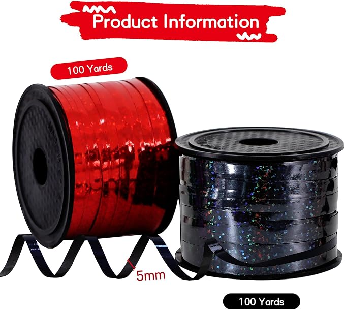 BEISHIDA 2 Pack 100 Yards Red Black Curling Crimped Glitter Ribbon Balloon - Image 2