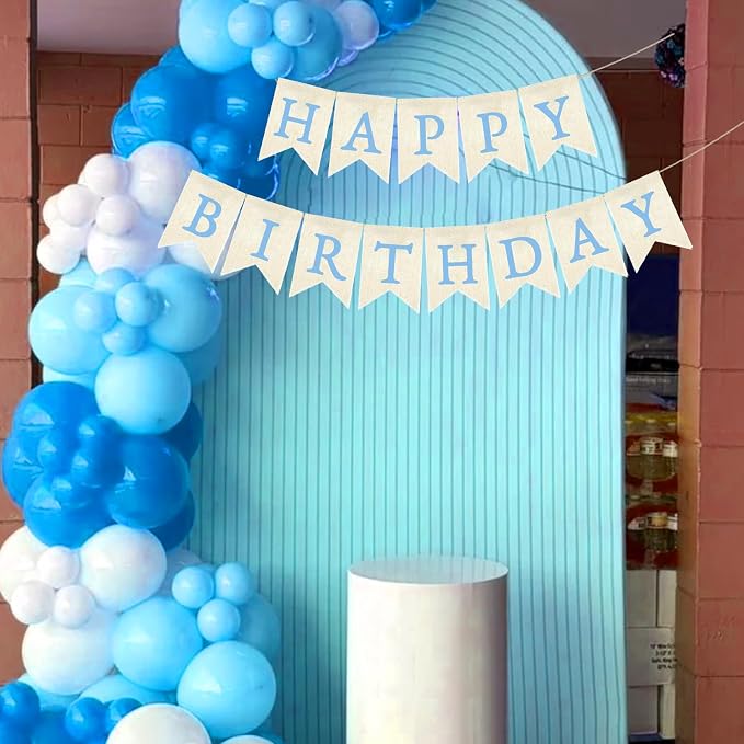 Light Blue Happy Birthday Banner Pre-strung Burlap Bunting Party Backdrop Sign - Image 5