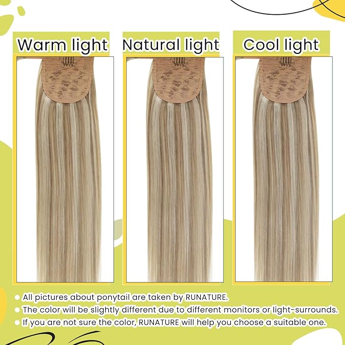 RUNATURE Ponytail Extension Real Human Hair, Natural Remy Hair Ponytail, One Piece Hair Extensions Ponytail, Easy to Install, Daily Wearing, 18 Inch 80g #8P60 Light Brown Highlight Platinum Blonde