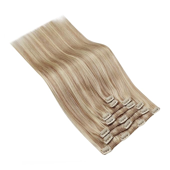 Ve Sunny 24 inch Hair Extensions Clip in Lightest Brown mit Platinum Blonde Clip in Hair Extensions Real Human Hair Remy Hair Extensions Clip ins for Women 120g