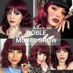 NOBLE Synthetic Ombre Burgundy Wig Short Wavy Wigs With Air Bangs Shoulder Length Wig For Women Curly Wavy Heat Resistant Synthetic Colorful BOB Wigs
