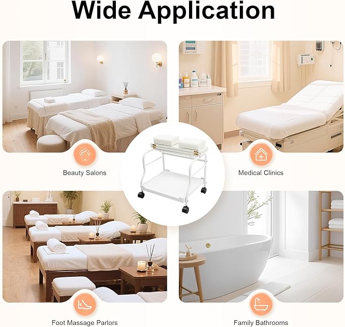 Beauty Salon Nail or Foot Bath Spa, 2Tier Portable Esthetician Trolley Cart Pedicure Manicure Funiture Massage Table Salon Supplies with 4 Wheels for Foot Rest, Hair Salons, Home (White)