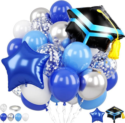 Blue Silver Graduation Balloons, Royal Light Blue Silver White Confetti Balloons by Paready
