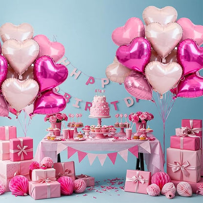 TONIFUL 30 Pcs 18 Inch Pink Hot Pink Baby Pink Heart Shape Foil Balloons | - Image 6
