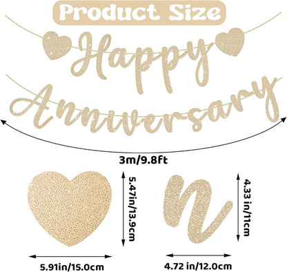 Happy Anniversary Banner, Pre-Strung Gold Glitter Wedding Anniversary - Image 2