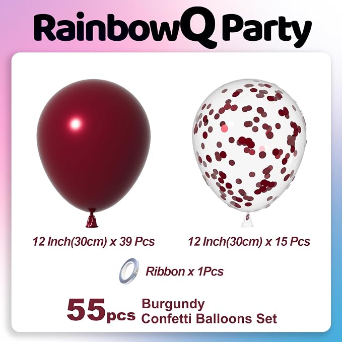 RainbowQ Burgundy Balloons 55Pcs 12 Inch Confetti Latex Helium Party | Maroon - Image 3