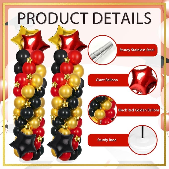 2 Sets Black Gold and Red Balloons Decorations Adjustable Balloon Column Stand - Image 2